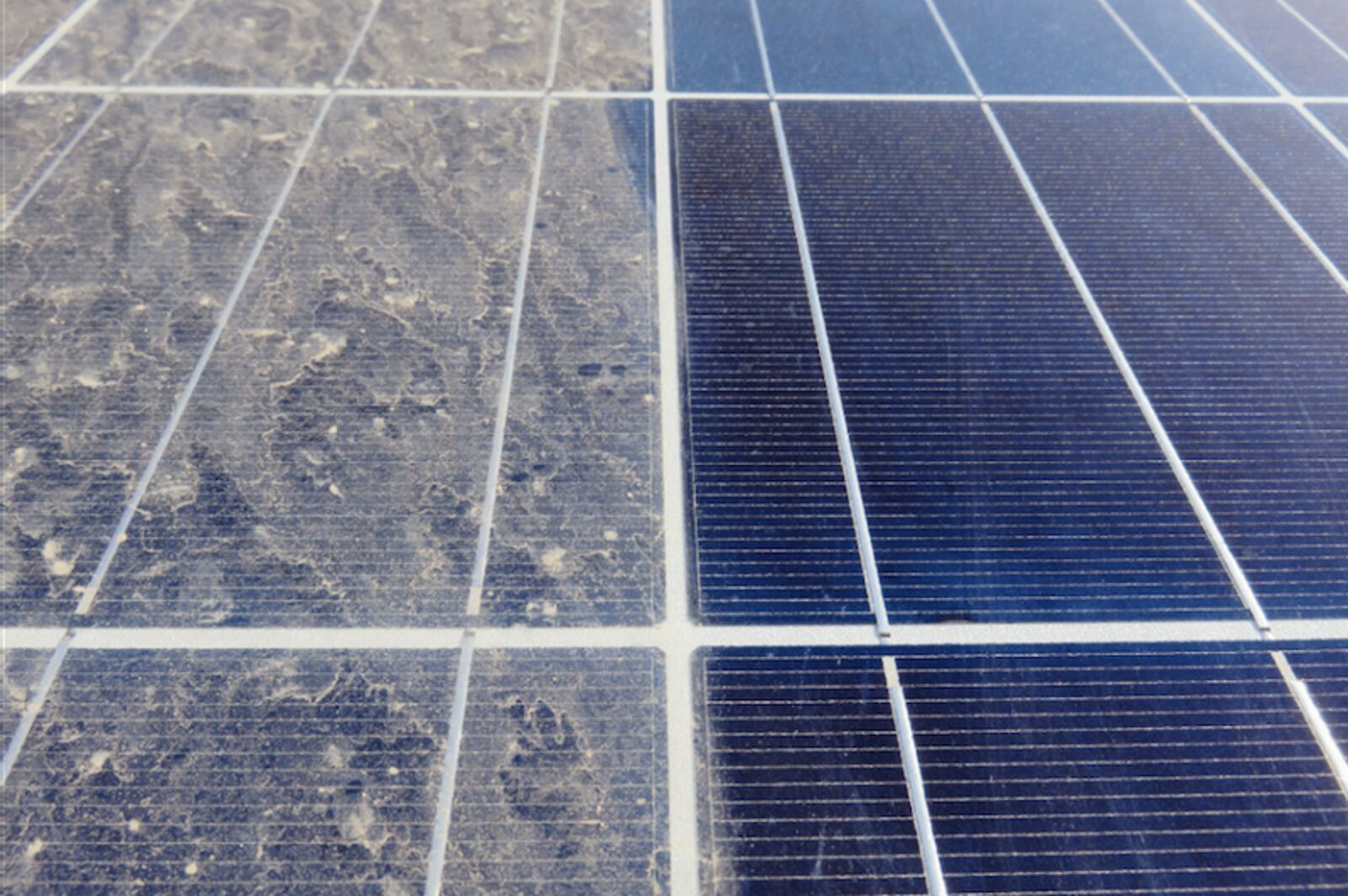 Solar panels covered in dust and debris before cleaning